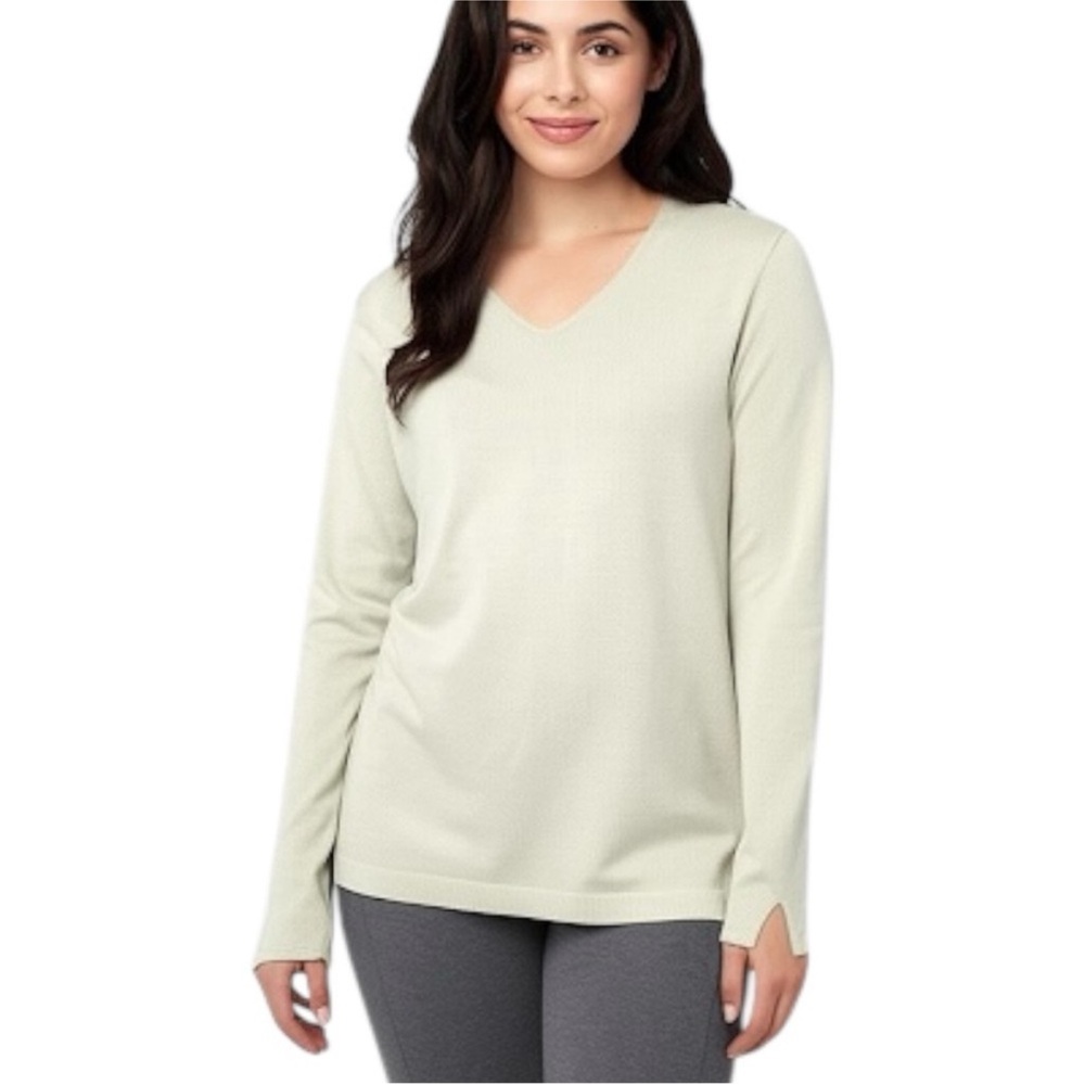 CYC Neutral Minimalist Cream Fine Knit Long Sleeve V Neck Sweater Size Medium - Picture 2 of 13